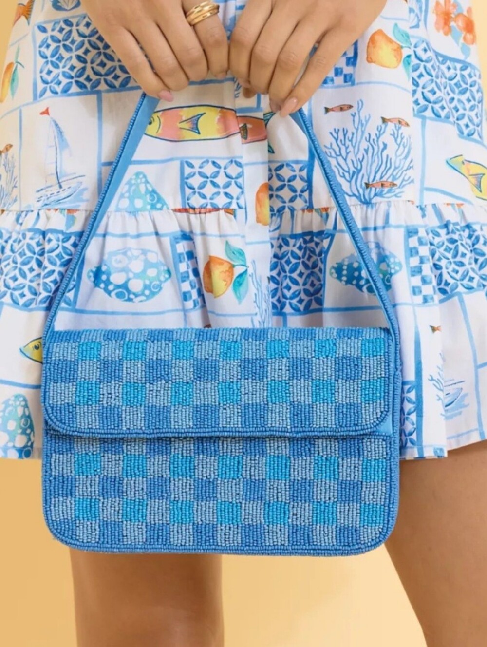 Viral Beaded Blue Checkered Shoulder Bag - Women's Crossbody